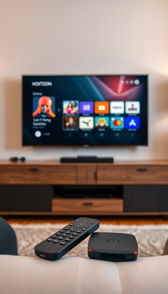 A sleek and modern IPTV setup showcasing the key features of the Hoxtoon Provider service. A minimalist entertainment system with a stylish smart TV displaying a vibrant, high-definition interface. In the foreground, a premium remote control with intuitive layout and tactile buttons. The middle ground features a modern streaming box or dongle, discreetly blending into the setup. In the background, a cable modem and router create a reliable, high-speed internet connection powering the IPTV experience. The lighting is warm and inviting, creating a cozy, living room atmosphere. The overall scene conveys the seamless integration of cutting-edge IPTV technology into a sophisticated, user-friendly home entertainment system.