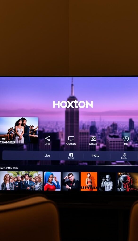 A sleek and modern IPTV streaming platform interface, featuring the Hoxtoon Provider brand prominently displayed. The interface showcases a clean, minimalist design with bold typography and intuitive navigation. In the foreground, a selection of popular live TV channels and on-demand content is presented, hinting at the extensive library available to users. The middle ground features elegant icons and controls, allowing seamless browsing and playback. The background depicts a subtle, blurred cityscape, conveying a sense of urban sophistication. Warm, diffused lighting creates a cozy and inviting atmosphere, inviting the viewer to immerse themselves in the Hoxtoon IPTV experience.