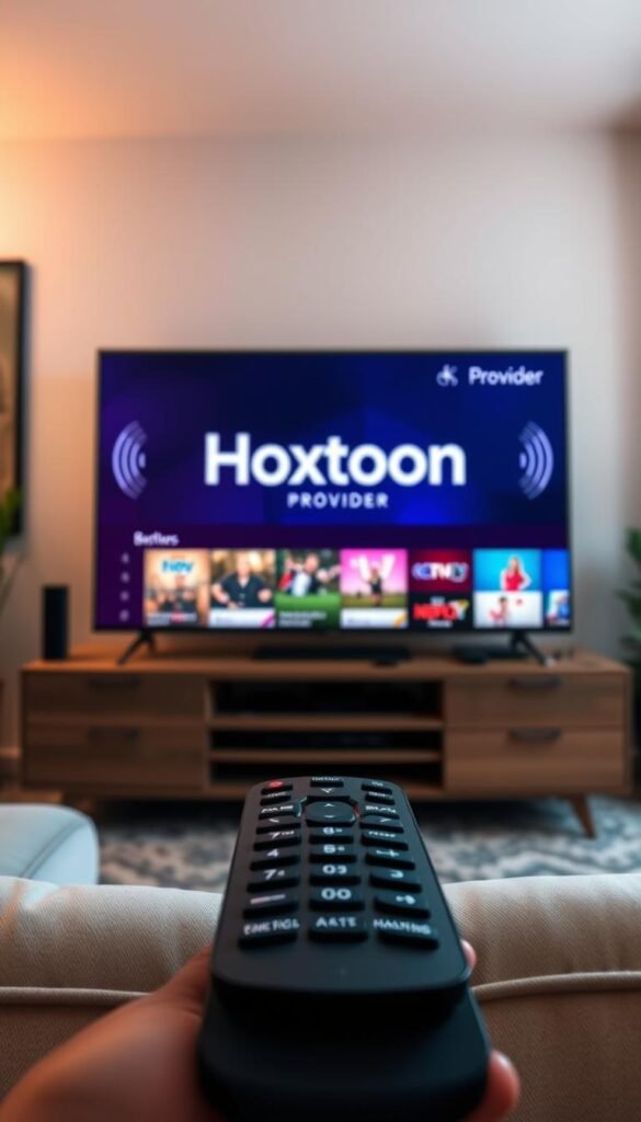 A sleek and modern IPTV streaming service interface, showcasing the Hoxtoon Provider brand prominently displayed on a large flat-screen TV. The room is bathed in warm, natural lighting, creating a cozy and inviting atmosphere. In the foreground, a user-friendly remote control is visible, highlighting the ease of navigation. The middle ground features a clean and intuitive on-screen menu, showcasing a variety of content options. In the background, subtle digital elements, such as signal waves or streaming icons, subtly accentuate the technological nature of the service. The overall scene conveys the seamless and immersive experience of the Hoxtoon IPTV streaming platform.