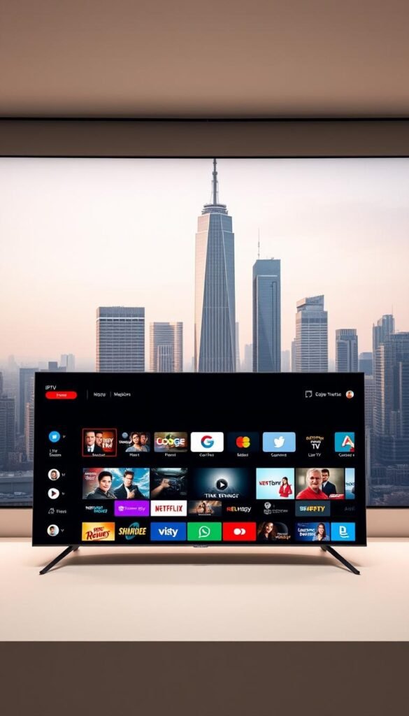 A sleek and modern IPTV streaming service interface, showcasing the Hoxtoon Provider brand. In the foreground, a minimalist dashboard with clean lines and intuitive controls. The middle ground features a selection of popular live TV channels and on-demand content, presented in a visually appealing grid layout. In the background, a soft, muted cityscape with towering skyscrapers, conveying a sense of urban sophistication. The lighting is warm and inviting, creating a welcoming atmosphere. The overall composition emphasizes the seamless user experience and premium quality of the Hoxtoon Provider IPTV service.