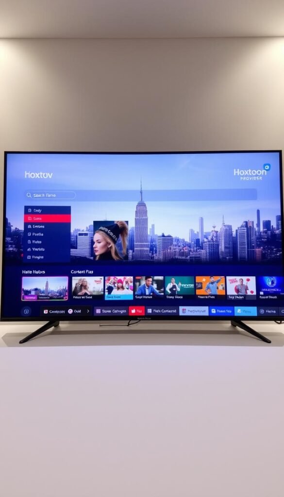 A sleek and modern IPTV streaming service interface, showcasing the Hoxtoon Provider brand. The foreground displays a clean, minimalist design with intuitive menu options and a prominent search bar. The middle ground features a large hero image or video player, surrounded by rows of content thumbnails and genre categories. The background depicts a stylized cityscape or abstract pattern, conveying a sense of technology and connectivity. The lighting is soft and diffused, creating a warm and inviting atmosphere. The camera angle is slightly elevated, providing an immersive and user-friendly perspective.