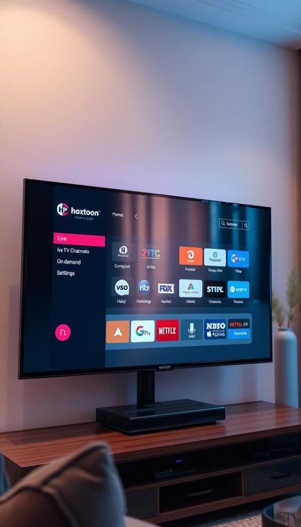 A sleek and modern IPTV subscription interface displayed on the screen of a smart TV. The display showcases the Hoxtoon Provider brand, featuring a clean and intuitive layout with categories for live TV channels, on-demand content, and user settings. The screen is bathed in a soft, ambient lighting, creating a cozy and inviting atmosphere. The TV is positioned in a stylish living room setting, with subtle hints of modern decor visible in the background. The overall scene conveys a sense of ease and convenience, highlighting the seamless integration of IPTV technology into the everyday home entertainment experience.