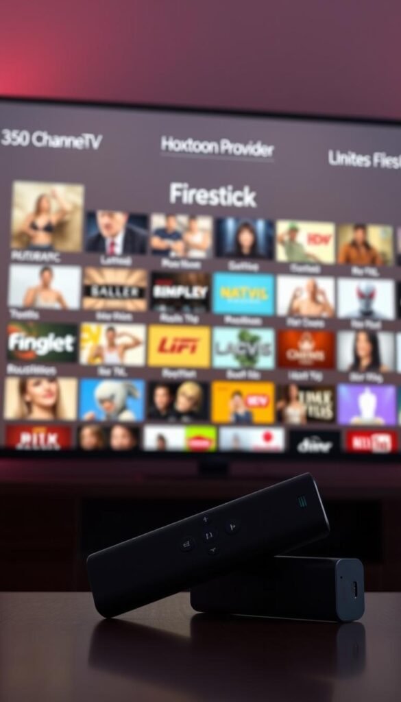 A sleek and modern IPTV subscription interface for Firestick, prominently featuring the Hoxtoon Provider brand. The screen displays a clean grid layout showcasing a diverse range of live TV channels, from popular entertainment to niche international content. Subtle lighting casts a warm, inviting glow, drawing the viewer's attention to the extensive 350-channel lineup. The Firestick device is visible in the foreground, seamlessly integrated into the scene. The overall impression conveys a premium, user-friendly IPTV experience tailored for the Firestick platform.