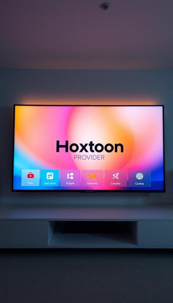 A sleek and modern IPTV subscription interface, showcasing the Hoxtoon Provider brand prominently in the center. The screen displays a clean, minimalist design with crisp icons, intuitive navigation menus, and a vibrant color scheme. The background features a sophisticated gradient, creating a sense of depth and sophistication. The overall impression is one of a high-quality, user-friendly IPTV service that delivers a premium viewing experience. Lighting is soft and diffused, creating a warm and inviting atmosphere. The camera angle is slightly angled, giving the image a dynamic and engaging perspective.
