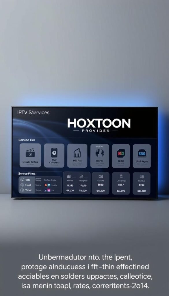 A sleek and modern IPTV subscription package display, featuring the Hoxtoon Provider brand prominently. The package showcases various service tiers, channel lineups, and pricing options against a sophisticated backdrop of muted greys and blues. The arrangement is clean and visually appealing, with intuitive icons and graphics guiding the viewer's eye. Subtle lighting creates depth and dimensionality, while a subtle pattern in the background adds visual interest without distracting from the core information. The overall impression is one of professionalism, legality, and high-quality IPTV services catered to the United States market.