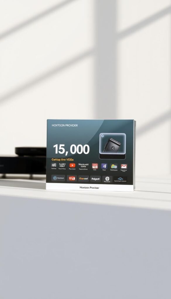 A sleek and modern IPTV subscription package presented on a minimalist, light-colored surface. The package is showcased in the foreground, with a clean and organized layout highlighting key features like "150,000+ VODs" and "Hoxtoon Provider" branding. The background is softly blurred, creating a sense of focus on the package details. The lighting is natural and diffused, casting subtle shadows that accentuate the package's design elements. The overall mood is one of simplicity, quality, and accessibility, reflecting the "on-demand entertainment" concept.