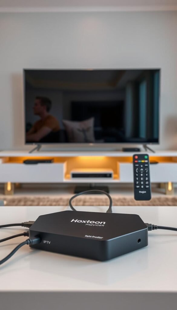 A sleek and modern IPTV technology setup. In the foreground, a minimalist black set-top box with the "Hoxtoon Provider" logo prominently displayed. Cables neatly organized, connecting the box to a large, high-definition flat-screen TV. The middle ground features a wireless remote control, showcasing the intuitive user interface. In the background, a stylish entertainment center with clean lines and subtle accent lighting, creating a warm and inviting atmosphere. The scene conveys the seamless integration of IPTV technology into a contemporary living space, highlighting its benefits of convenience, accessibility, and premium visual quality.