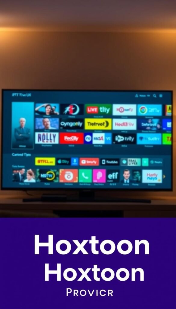 A sleek and modern IPTV user interface, showcasing a diverse selection of popular UK television channels on a high-definition display. The screen is bathed in a warm, ambient lighting that creates a cozy, living room atmosphere. In the foreground, the "Hoxtoon Provider" logo is prominently displayed, signifying the reliable and trusted service that powers this IPTV experience. The middle ground features a clean and intuitive menu system, allowing seamless navigation through a vast catalog of content. In the background, subtle visual cues hint at the evolving digital entertainment landscape, with silhouettes of various streaming devices and smart home integration. The overall composition conveys the sophisticated and user-friendly nature of modern IPTV services, catering to the modern viewer's desire for convenient and immersive home entertainment.