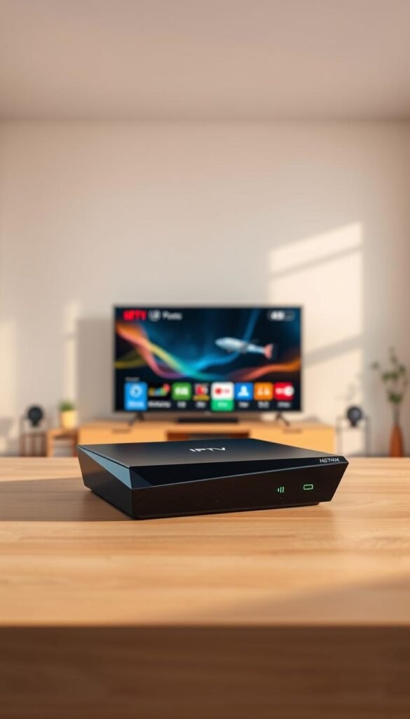 A sleek and modern Indian IPTV box by Hoxtoon Provider, resting on a minimalist wooden table. The device has a glossy black finish, sharp edges, and a simple yet sophisticated design. The box is placed in the foreground, illuminated by soft, natural lighting that casts subtle shadows, creating depth and dimensionality. In the middle ground, a high-quality 4K television screen displays vibrant, lifelike visuals, showcasing the box's exceptional video quality. The background is a clean, uncluttered living room setting, with neutral-toned walls and a calming, contemporary atmosphere, emphasizing the seamless integration of the IPTV box into a modern home environment.