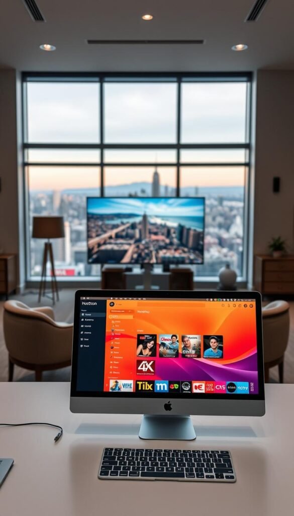 A sleek and modern Mac desktop setup, featuring the Hoxtoon IPTV Player app in the foreground. The desktop showcases a clean, minimalist interface with clear menus and intuitive controls for browsing and streaming IPTV channels. In the middle ground, a large 4K display presents a vibrant, high-quality video feed, while the background depicts a stylish, well-lit office environment with tasteful decor and large windows overlooking a scenic cityscape. The overall mood is one of efficiency, entertainment, and technological sophistication.