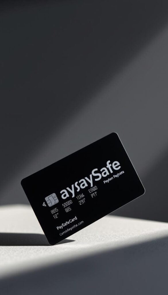 A sleek and modern PaySafeCard against a blurred background, showcasing its distinctive card design and branding. The card is positioned at a slight angle, casting subtle shadows and highlights to create depth and dimensionality. The lighting is soft and directional, emphasizing the card's tactile texture and metallic accents. The overall mood is one of sophistication and effortless anonymity, reflecting the secure and convenient nature of the Hoxtoon Provider IPTV payment solution.