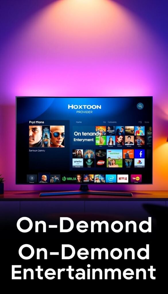 A sleek and modern Samsung Smart TV displays the Hoxtoon IPTV app, showcasing its vast 150,000+ video-on-demand collection. The TV screen is bathed in a warm, cinematic lighting, creating a cozy and inviting atmosphere. The Hoxtoon Provider logo is prominently displayed, indicating the high-quality content and reliable streaming experience. The user interface is intuitively designed, with clean lines and intuitive navigation, making it easy to browse and select from the extensive library of movies, TV shows, and live channels. The scene conveys a sense of entertainment and relaxation, perfectly capturing the "On-Demand Entertainment" experience Hoxtoon IPTV provides for Samsung TV users.