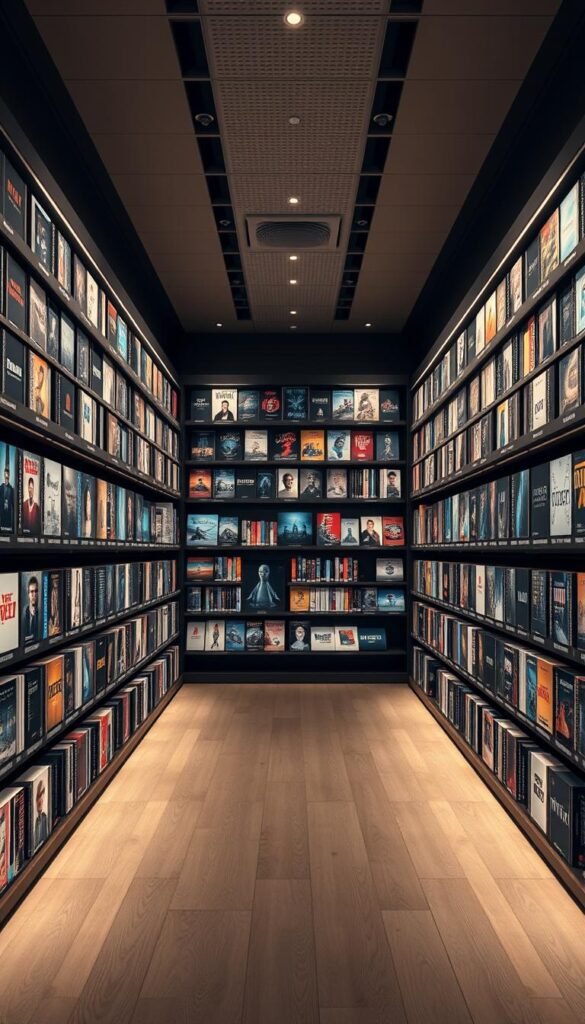 A sleek and modern Scandinavian IPTV service VOD library, showcasing a vast collection of over 150,000 on-demand titles. The library is presented in a clean, minimalist design with a warm, natural lighting scheme. Shelves of digital content stretch across the frame, hinting at the depth and breadth of the Hoxtoon Provider's extensive catalog. The interface is intuitive and user-friendly, with clear category labels and large, high-quality preview thumbnails. The overall atmosphere evokes a sense of Nordic sophistication and a premium entertainment experience.