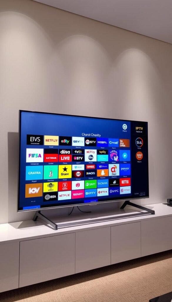 A sleek and modern Smart TV display showcasing a diverse array of IPTV channels offered by the Hoxtoon Provider. The screen presents a visually striking arrangement of colorful channel logos, conveying the extensive content variety available. The interface is clean and intuitive, with a minimalist design that highlights the high-quality video streams. Soft, directional lighting illuminates the scene, creating a sense of depth and emphasizing the screen's vibrant display. The overall atmosphere is one of sophistication and technological advancement, reflecting the premium IPTV service from Hoxtoon.