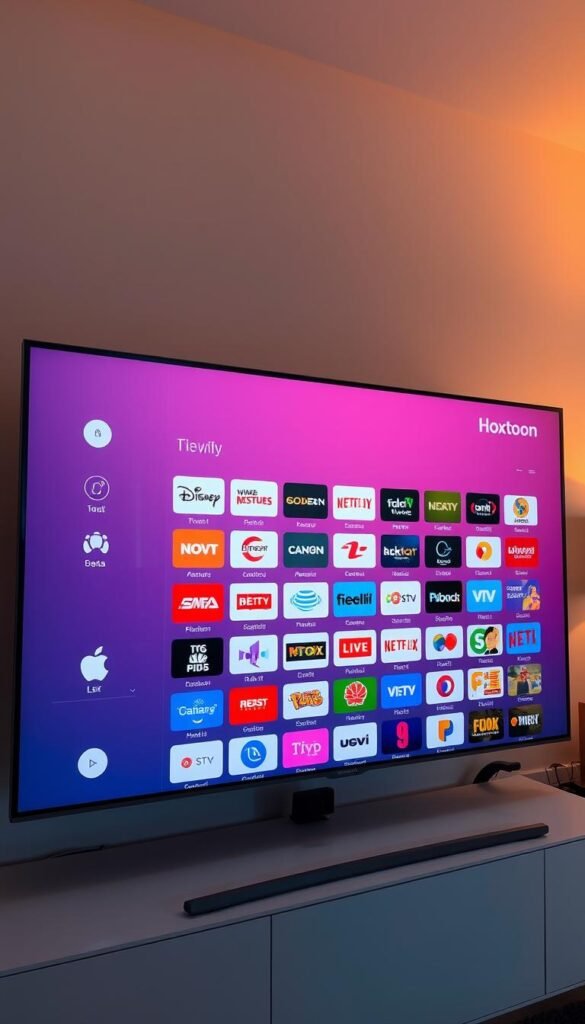 A sleek and modern TV interface displaying the Hoxtoon Provider channel lineup, with a clean grid layout showcasing a diverse range of entertainment options. The channels are organized by category, with vivid icons and crisp, high-definition channel logos. The background features a subtle gradient, creating a sense of depth and a premium, technology-driven aesthetic. The entire scene is bathed in warm, diffused lighting, conveying a welcoming and visually appealing user experience. The camera angle is slightly elevated, providing an immersive, bird's-eye view of the comprehensive Hoxtoon channel selection.
