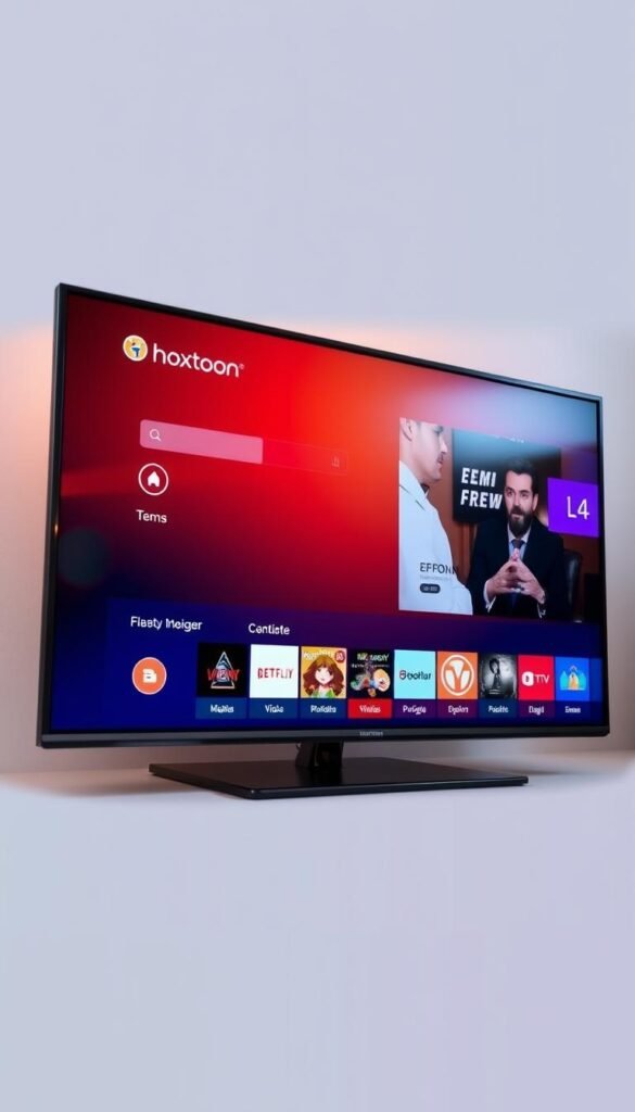 A sleek and modern android TV screen displaying the "Hoxtoon Provider" IPTV app. The app interface features a clean and intuitive layout, with clear menus and options for navigating through various content categories. The screen is well-lit, with a soft, warm glow that sets a relaxed and inviting atmosphere. The camera angle is slightly tilted, providing a dynamic and engaging perspective. The background is blurred, allowing the app interface to be the focal point of the image, showcasing its user-friendly design and functionality.