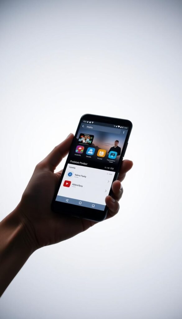 A sleek and modern android smartphone screen displaying the Hoxtoon Provider IPTV app interface. The device is held in a minimalist hand pose against a clean, light-colored background. The app's UI features a clean and intuitive design with clear icons, navigation menus, and video playback controls. Subtle lighting creates depth and highlights the device's glossy surfaces. The overall tone is professional, high-tech, and inviting, conveying the ease of setting up and using the IPTV service on an android device.