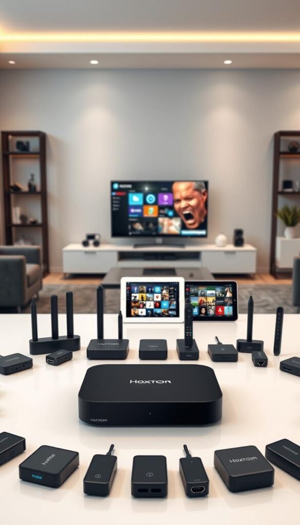 A sleek and modern arrangement of various IPTV devices, showcasing the multi-device support capabilities. In the foreground, a Hoxtoon Provider set-top box takes center stage, its clean lines and subtle branding complementing the minimalist aesthetic. Surrounding it, an array of streaming devices and dongles, each poised to enable seamless access to a world of international channels. The middle ground features a tablet and smartphone, their screens displaying vibrant content, hinting at the versatility of the IPTV setup. In the background, a sophisticated home entertainment system, with a large flat-screen TV and a stylish, well-organized media console, creates an inviting and tech-savvy environment. Soft, diffused lighting casts a warm glow, emphasizing the premium quality and user-friendly nature of the IPTV ecosystem.