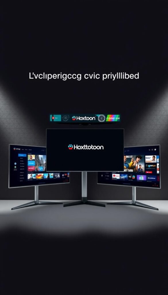 A sleek and modern comparison of leading IPTV providers, showcasing the Hoxtoon Provider alongside its competitors. The scene depicts three high-resolution display screens, each showcasing the user interface and channel offerings of a different IPTV service. The Hoxtoon Provider screen is prominently featured in the center, surrounded by stylish silver frames and a minimalist black background. Soft, directional lighting from the sides creates depth and highlights the screens' crisp visuals. The overall impression is one of a professional, informative presentation, allowing the viewer to easily assess the relative merits of the IPTV options.