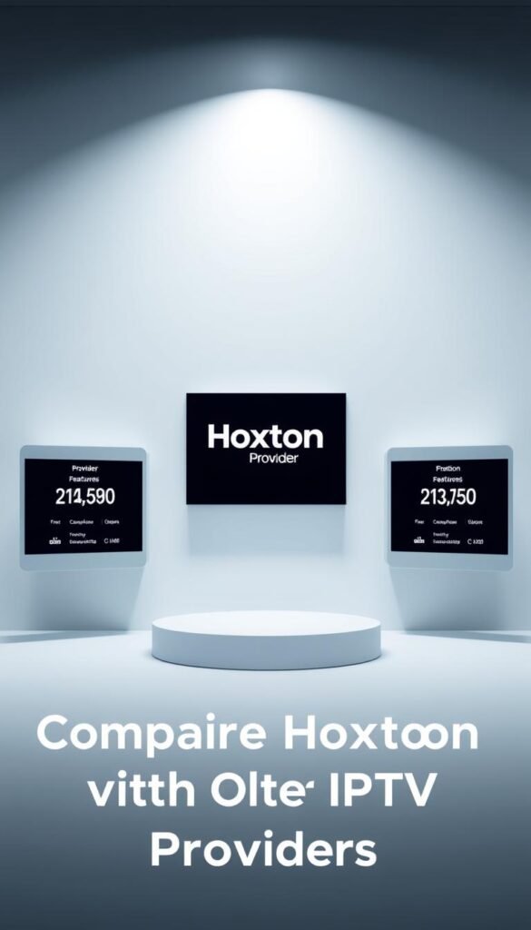 A sleek and modern comparison of leading IPTV providers, showcasing the Hoxtoon Provider against its competitors. The scene depicts three floating display panels, each showcasing the features and pricing of a different IPTV service. The Hoxtoon Provider panel stands prominently in the center, surrounded by a clean, minimalist design with subtle gray and blue tones. The other panels are arranged in a balanced, symmetrical layout, allowing the viewer to easily compare the offerings. The lighting is soft and diffused, creating a professional, high-tech atmosphere. The camera angle is slightly elevated, giving a sense of authority and expertise. The overall composition is visually striking and informative, perfectly suited to illustrate the "Comparing Hoxtoon with Other IPTV Providers" section of the article.