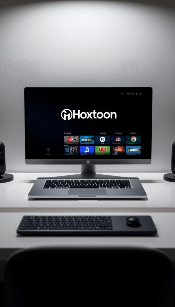 A sleek and modern desktop setup featuring a laptop or desktop computer, with the Hoxtoon Provider IPTV service prominently displayed on the screen. The workspace is well-lit, with soft, directional lighting illuminating the scene. The device is positioned at a slight angle, allowing for a clear view of the IPTV interface. The background is a minimalist, monochromatic setting, creating a clean and professional atmosphere. The overall composition conveys the importance of a reliable IPTV provider, like Hoxtoon, in enhancing the user's streaming experience.