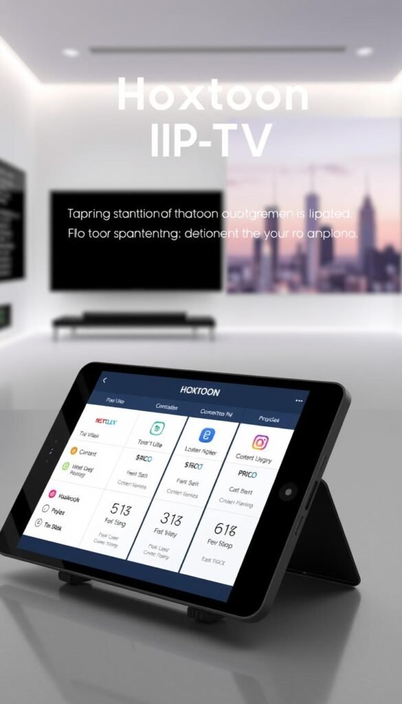 A sleek and modern digital display showcasing the Hoxtoon Provider IPTV subscription plans. In the foreground, a high-resolution tablet or smartphone displays the various plan options, each with their own distinct icons and pricing details. The middle ground features a minimalist, well-lit environment with clean lines and a neutral color palette, emphasizing the simplicity and accessibility of the service. In the background, a subtle gradient or blurred cityscape provides a sense of urban connectivity, hinting at the expansive content library and streaming capabilities of the Hoxtoon IPTV platform. The overall mood is one of professionalism, affordability, and user-friendliness, inviting the viewer to explore the Hoxtoon subscription plans.