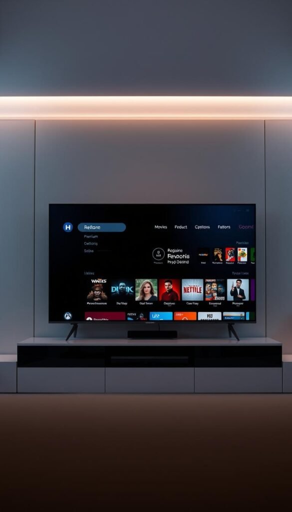 A sleek and modern entertainment center showcases the Hoxtoon Provider video-on-demand service for IPTV Romania. The display features a minimalist user interface with clean typography and intuitive icons, inviting the viewer to explore a vast library of movies, TV shows, and original content. Subtle ambient lighting accentuates the premium feel, while a cinematic depth of field draws the eye to the center of the frame. The overall aesthetic conveys a sense of high-quality, on-demand entertainment tailored for the Romanian market.