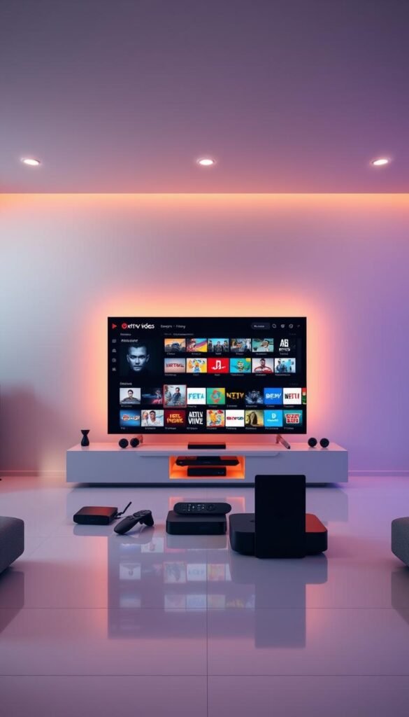 A sleek and modern entertainment hub showcases the expansive IPTV library from the Hoxtoon Provider. A minimalist setup features a large, high-definition display surrounded by a clean, uncluttered arrangement of streaming devices and remote controls, all bathed in warm, ambient lighting. The screen displays a vast selection of live TV channels and on-demand videos, representing the breadth of the 21,000+ channels and 150,000+ VODs available. The scene conveys a sense of seamless, lag-free viewing experience, with no buffering or interruptions, ready to immerse the user in endless entertainment.