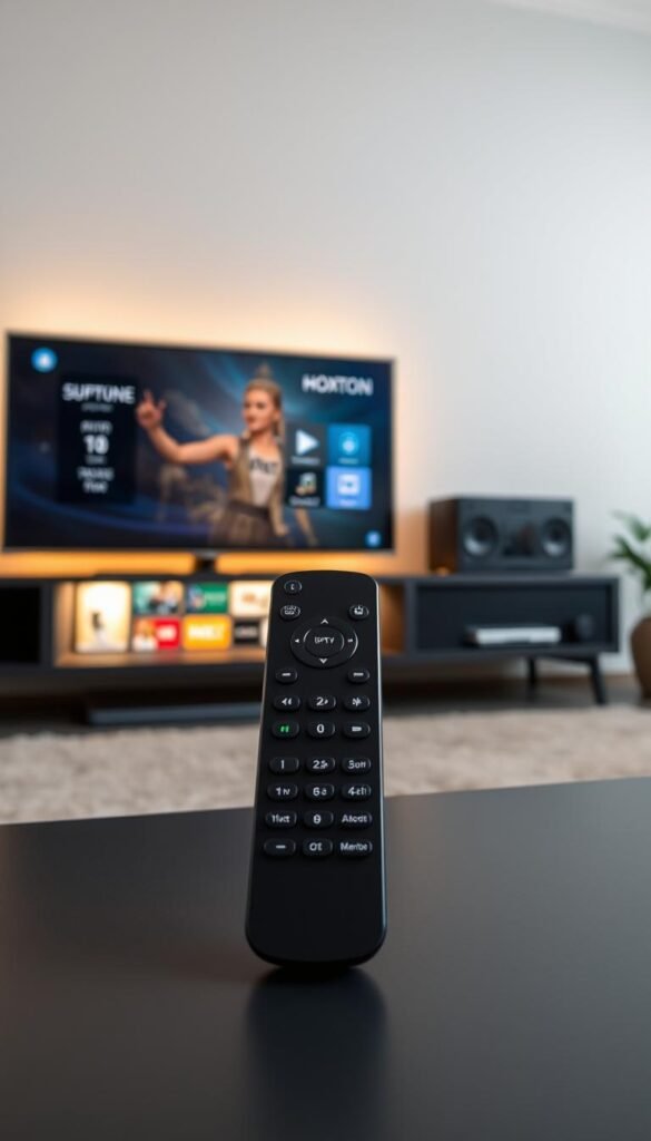 A sleek and modern entertainment hub showcasing the advanced features of the Hoxtoon IPTV provider. In the foreground, a high-resolution display presents a seamless, intuitive user interface with a diverse array of customizable options. The middle ground features a sophisticated remote control, its minimalist design hinting at the powerful functionalities it commands. In the background, a minimalist yet stylish entertainment center houses the IPTV device, casting a warm, ambient glow that sets the tone for an immersive viewing experience. Crisp lighting and a clean, uncluttered composition emphasize the advanced, cutting-edge nature of the Hoxtoon IPTV system.