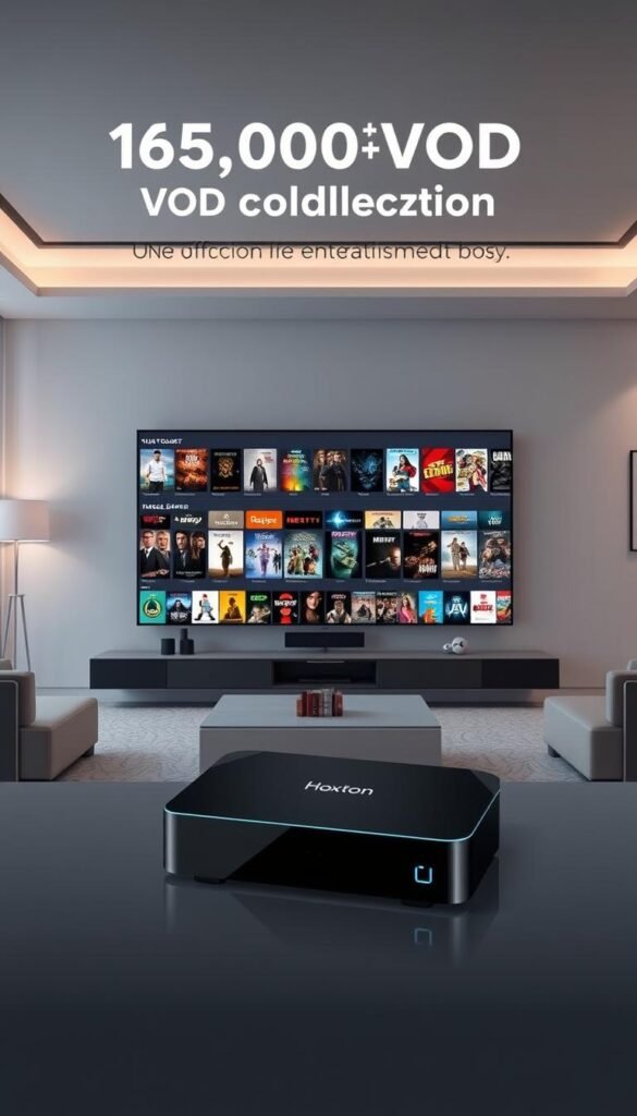A sleek and modern entertainment hub, showcasing the vast 150,000+ VOD collection of the Hoxtoon Provider. In the foreground, a Hoxtoon IPTV box stands prominently, its premium design and intuitive interface inviting exploration. The middle ground features a dynamic display of movie posters, TV show thumbnails, and genre categories, highlighting the breadth and depth of the on-demand content. In the background, a minimalist living room setting with subtle lighting and elegant furnishings creates a cozy, cinematic atmosphere, setting the stage for an immersive viewing experience. The overall scene conveys the seamless integration of cutting-edge technology and refined aesthetics, making Hoxtoon the ultimate destination for endless entertainment.