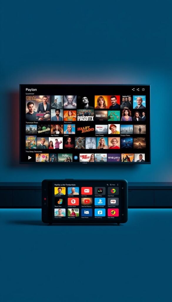 A sleek and modern entertainment hub, the Hoxtoon Provider content library showcases a vast array of high-quality IPTV channels and on-demand media. In the foreground, a stylized UI displays a curated selection of popular content, inviting the viewer to explore. The middle ground features a dynamic grid of thumbnails, each representing a diverse genre or category. The background subtly blends shades of blue and gray, creating a sense of depth and sophistication. Soft lighting illuminates the scene, casting a warm, cinematic glow. The overall composition conveys the seamless integration of technology and entertainment, positioning Hoxtoon Provider as the premier IPTV destination.