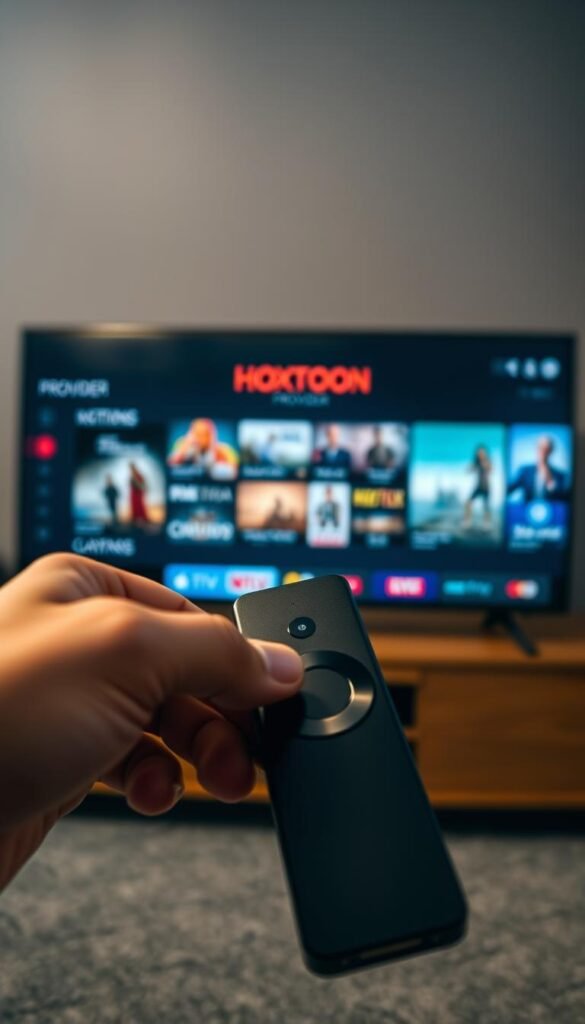 A sleek and modern firestick interface, prominently displaying the "Hoxtoon Provider" logo. In the foreground, a user's hand navigates the app's intuitive menu, hinting at the seamless setup process. The middle ground showcases a diverse array of live TV channels and on-demand content, captured in a cinematic, well-lit composition. The background blurs into a subtle, atmospheric setting, creating a sense of immersion and professionalism. The overall scene conveys the ease and versatility of using the Hoxtoon IPTV app on a firestick, ready to transport the viewer into a world of entertainment.