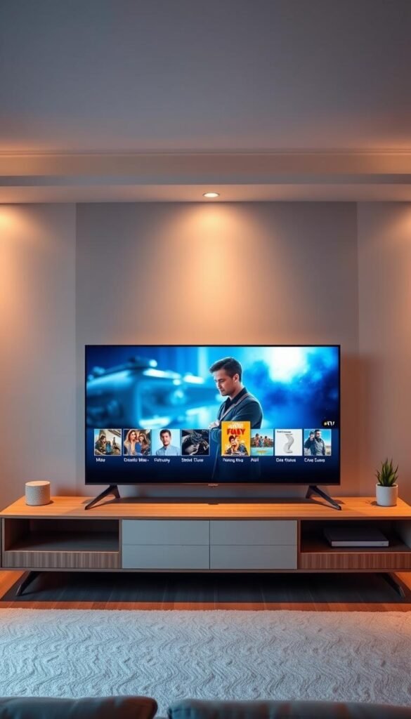 A sleek and modern home entertainment setup, featuring a Hoxtoon Provider IPTV service displayed on a large, high-definition television screen. The screen shows a crystal-clear, seamless playback of a popular movie, with no signs of buffering or lag. The room is bathed in a warm, ambient lighting, creating a cozy and inviting atmosphere. The television is positioned on a minimalist, wood-paneled entertainment center, surrounded by carefully curated home decor elements that complement the overall aesthetic. The image conveys a sense of effortless, reliable, and enjoyable IPTV viewing experience.