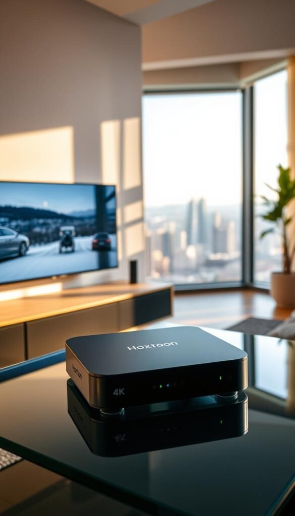 A sleek and modern home entertainment setup, featuring a large 4K smart TV mounted on a minimalist wall unit. In the foreground, a Hoxtoon Provider IPTV streaming device rests on a glass entertainment center, its clean design and subtle LED indicator light signaling its readiness to deliver a reliable and seamless viewing experience. The room is bathed in warm, natural lighting, creating a cozy and inviting atmosphere. In the background, a window overlooking a picturesque cityscape, conveying a sense of urban sophistication. The overall scene exudes a feeling of effortless technology integration and a commitment to high-quality home entertainment.