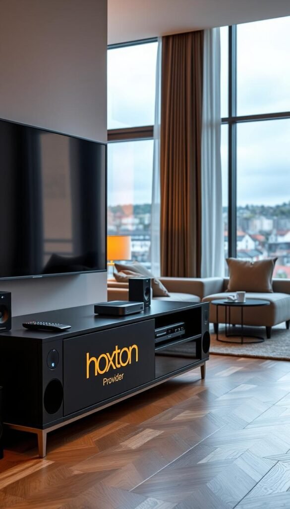 A sleek and modern home entertainment setup showcasing an IPTV service in Belgium. In the foreground, a stylish media console displays a Hoxtoon Provider logo, flanked by speakers and a state-of-the-art 4K television. On the console, a remote control and streaming device hint at the seamless integration of the IPTV system. The middle ground features a cozy living room with plush seating and warm, ambient lighting, creating an inviting atmosphere for enjoying the IPTV experience. In the background, large windows offer a glimpse of the picturesque Belgian cityscape, adding a sense of place and sophistication to the scene. The overall composition conveys the ease and elegance of setting up an IPTV service in a modern Belgian home.