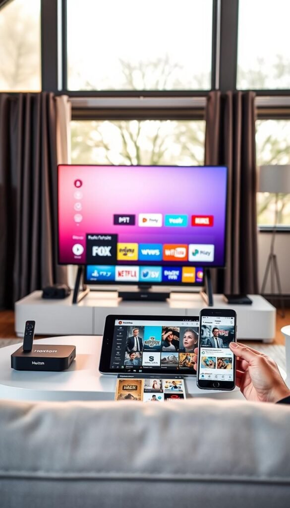 A sleek and modern home entertainment setup showcasing the Hoxtoon IPTV provider on various devices. In the foreground, a stylish smart TV displays the Hoxtoon interface, its clean UI and intuitive navigation highlighted by warm, directional lighting. On a side table, a state-of-the-art streaming box and remote control invite interaction, while a tablet and smartphone in the middle ground display the Hoxtoon mobile app, its features and content selection visible. The background depicts a cozy, minimalist living room setting, with large windows allowing natural light to create a bright, airy atmosphere. The overall scene conveys the ease and convenience of setting up and using the Hoxtoon IPTV service in an Austrian home.