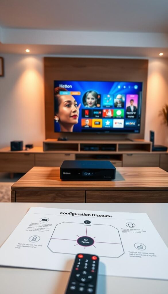 A sleek and modern home entertainment setup with a Hoxtoon Provider IPTV box prominently displayed on a minimalist wooden entertainment center. The box is surrounded by a clean, well-lit environment, with subtle ambient lighting creating a warm, inviting atmosphere. In the foreground, a high-quality remote control and a stylized configuration diagram are visible, providing a clear visual guide for the setup process. The middle ground features a large, high-definition TV screen displaying a vibrant, immersive streaming interface. The background showcases a tastefully decorated living room, hinting at the seamless integration of the Hoxtoon IPTV system into a modern, technology-driven home.