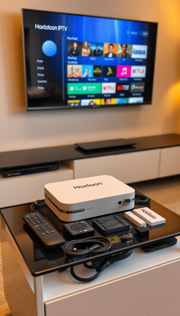 A sleek and modern home entertainment setup with a Hoxtoon Provider IPTV device prominently displayed on a stylish TV stand. The device is surrounded by various remote controls, cables, and accessories neatly organized on the stand. In the background, a large flat-screen TV mounted on the wall displays the Hoxtoon IPTV user interface, showcasing its intuitive menu and content selection. Warm, diffused lighting illuminates the scene, creating a cozy and inviting atmosphere. The overall composition emphasizes the ease and simplicity of the Hoxtoon IPTV setup process, making it an attractive and accessible choice for home entertainment.