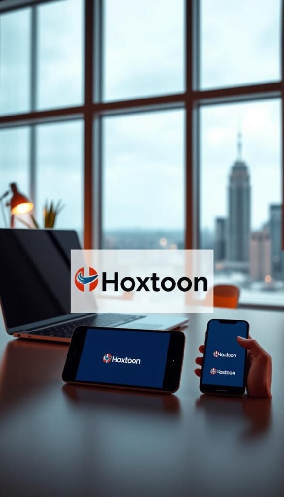 A sleek and modern home office setup, featuring a laptop, tablet, and smartphone displaying the Hoxtoon Provider logo, set against a backdrop of a city skyline visible through large windows. Warm, diffused lighting illuminates the scene, creating a professional and reliable atmosphere. The desk is neat and organized, with a potted plant and minimalist decor, conveying a sense of efficiency and trustworthiness. The Hoxtoon branding is prominently displayed, emphasizing its position as a top choice for reliable IPTV services for expats living abroad.