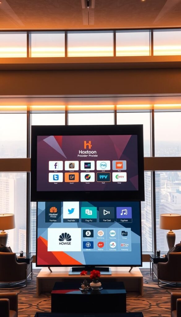 A sleek and modern hotel lobby, bathed in warm, inviting lighting. In the foreground, a large flatscreen TV displays the Hoxtoon Provider IPTV interface, showcasing a range of customizable branding options. The screen features the hotel's logo, color scheme, and branded content, creating a seamless and immersive experience for guests. In the middle ground, stylish lounge furniture and decor accentuate the high-end ambiance. The background reveals floor-to-ceiling windows, offering a panoramic view of the bustling city skyline outside. The overall scene conveys a sense of luxury, technology, and exceptional hospitality.