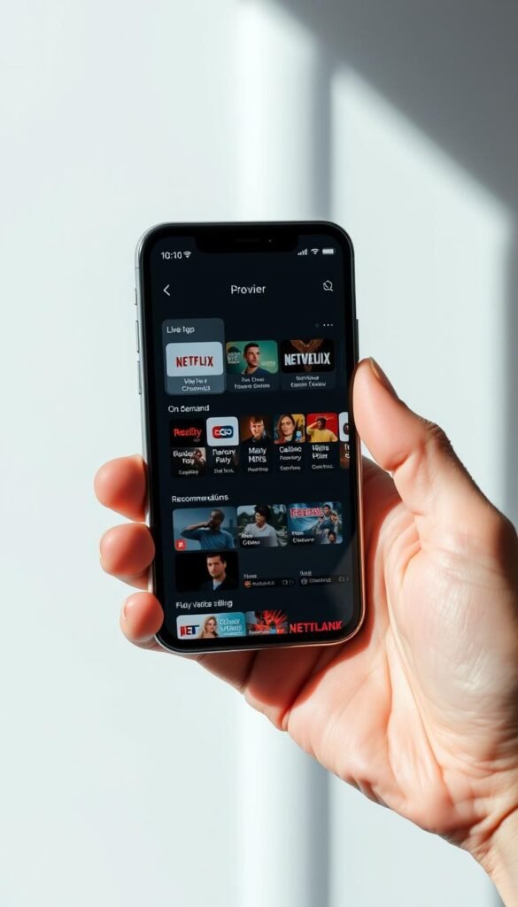 A sleek and modern iPhone displaying the Hoxtoon Provider IPTV app. The screen shows a clean, intuitive interface with easy-to-navigate menus, showcasing a wide range of live TV channels, on-demand content, and personalized recommendations. The device is held in a well-lit, minimalist setting, with soft shadows and highlights accentuating the premium feel of the hardware and software. The overall mood conveys the convenience and entertainment value of IPTV for iOS users, highlighting the Hoxtoon Provider app as a top choice for a seamless, high-quality streaming experience.