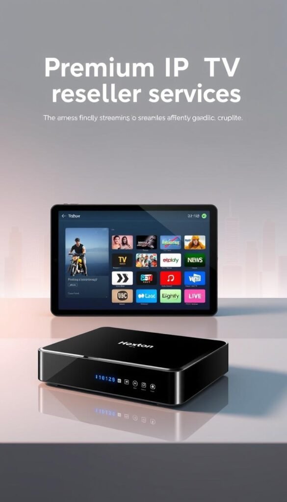 A sleek and modern illustration of a "premium IPTV reseller services" offering by Hoxtoon Provider. In the foreground, a glossy black set-top box showcases a diverse content library, with icons for movies, TV shows, sports, and live channels. In the middle ground, a tablet displays the Hoxtoon Provider's user-friendly interface, highlighting the seamless streaming experience. The background features a stylized cityscape, conveying the global reach and high-quality infrastructure of the IPTV service. Soft lighting and a minimal, sophisticated color palette create a sense of premium quality and reliability.