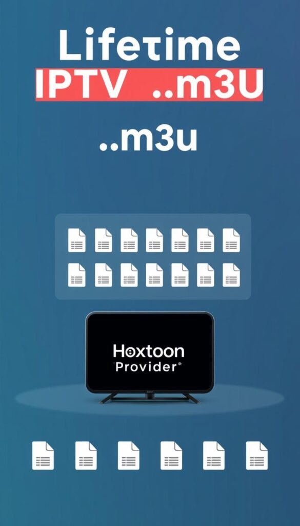 A sleek and modern illustration of lifetime IPTV .m3u services. In the foreground, a stylized icon of a TV screen displays the Hoxtoon Provider brand, conveying the high-quality and reliable nature of the service. The middle ground features a clean and minimalist design, with neatly arranged .m3u file icons, representing the seamless access to a vast library of live TV channels and on-demand content. The background is a gradient of cool hues, creating a sense of depth and professionalism. The overall composition suggests the convenience, flexibility, and long-term value of a lifetime IPTV .m3u subscription.