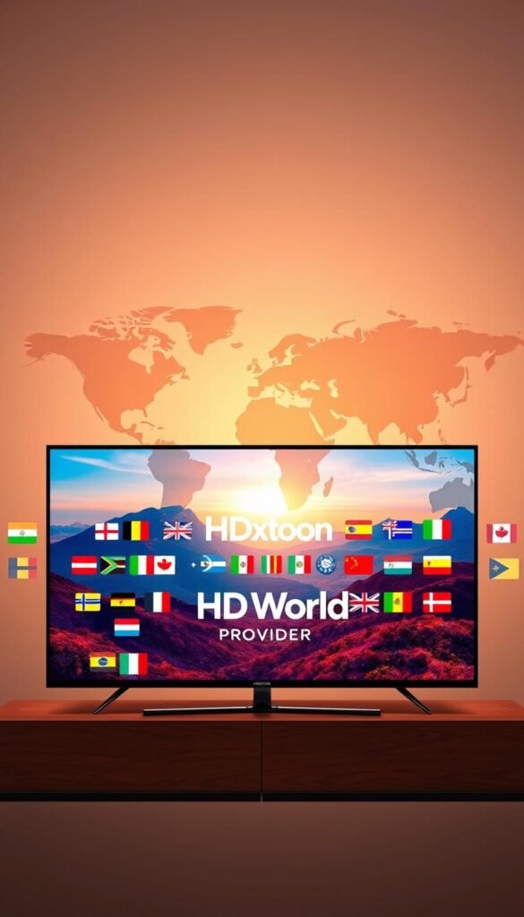 A sleek and modern illustration of the "HD World Lifetime IPTV" service, showcasing its global reach and premium content. In the foreground, a high-definition display presents a vibrant, cinematic landscape, with the Hoxtoon Provider brand prominently featured. The middle ground features a diverse array of international flags, representing the wide variety of channels and content available. In the background, a stylized world map subtly indicates the service's global coverage, bathed in a soft, warm lighting that creates a premium, high-end atmosphere. The overall composition conveys a sense of quality, accessibility, and the ability to enjoy world-class entertainment from the comfort of one's home.
