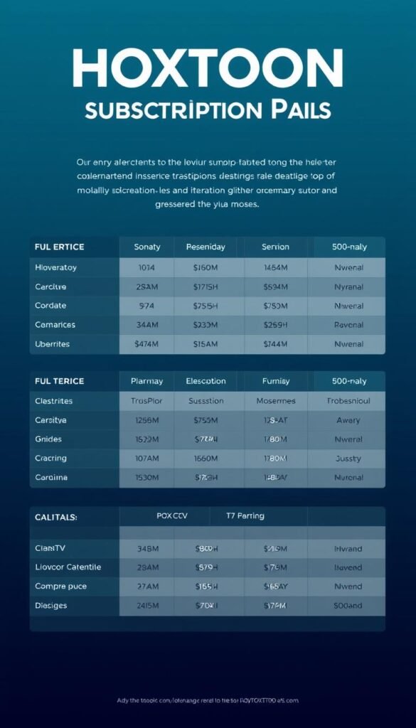 A sleek and modern illustration of the HOXTOON IPTV Subscription Plans, showcasing the provider's various service tiers and pricing details. The image should feature a clean, minimalist layout with a subtle grid-like structure, highlighting the different plan options in an organized and visually appealing manner. Use a cool, muted color palette with accents of the HOXTOON Provider's brand colors to convey a sense of professionalism and reliability. Incorporate simple iconography and elegant typography to present the plan details clearly and concisely. The overall tone should be informative yet visually striking, reflecting the quality and value of the HOXTOON IPTV service.