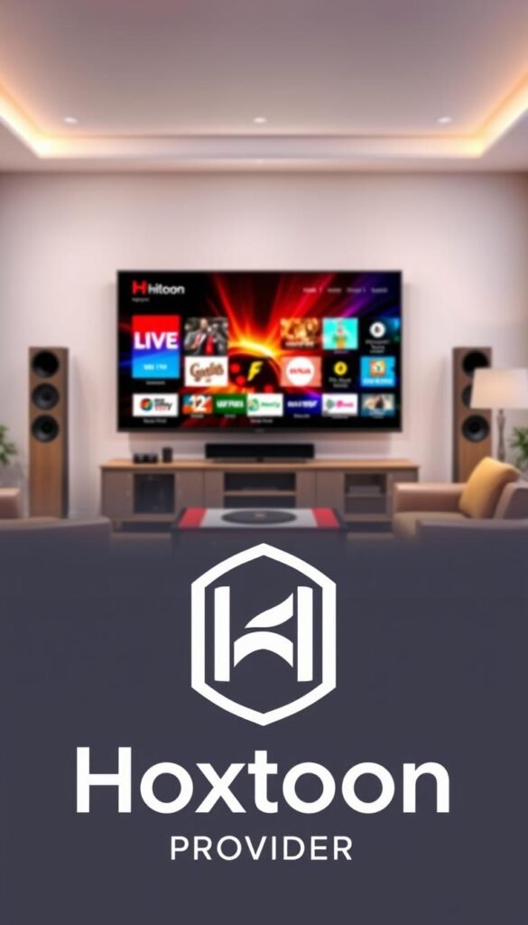 A sleek and modern illustration of the Hoxtoon Provider IPTV service. The scene depicts a well-appointed home entertainment setup, with a large flat-screen TV taking center stage. The TV screen displays a vibrant, high-definition IPTV interface, showcasing a diverse array of live channels and on-demand content. In the foreground, a stylized Hoxtoon Provider logo is prominently featured, conveying a sense of authority and reliability. The middle ground features elegant home furnishings, including a plush leather sofa and a state-of-the-art media console. The background is softly blurred, creating a sense of depth and focus on the Hoxtoon Provider branding and the IPTV experience. The overall mood is one of sophistication, technology, and the promise of seamless, high-quality entertainment.