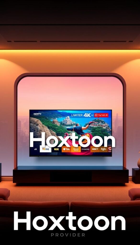 A sleek and modern illustration of the "Hoxtoon Provider" brand, showcasing their premium Turkish IPTV service. In the foreground, a stylized logo of the Hoxtoon name prominently displayed, conveying a sense of quality and reliability. The middle ground features a large 4K smart TV screen, displaying a vibrant and vivid Turkish TV channel, capturing the essence of the service. The background subtly depicts a cityscape, hinting at the global reach and accessibility of the Hoxtoon IPTV platform. The overall scene is bathed in a warm, inviting light, creating a premium and sophisticated atmosphere, reflecting the high-end nature of the Hoxtoon IPTV offering.