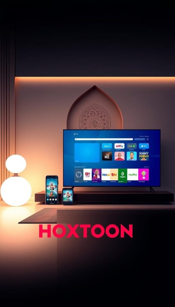 A sleek and modern illustration of the "Hoxtoon Provider" brand, showcasing their premium IPTV service. In the foreground, a stylized logo of the Hoxtoon brand stands prominently, with bold typography and a vibrant color palette. The middle ground features a collection of smart devices, such as a high-end TV, smartphone, and tablet, displaying the Hoxtoon interface and content. The background depicts a sophisticated, minimalist setting with hints of Arabic architectural influences, conveying a sense of luxury and exclusivity. The lighting is soft and warm, creating a welcoming and premium atmosphere. The overall composition and design elements suggest a leading provider of reliable and high-quality Arabic IPTV services in Europe.