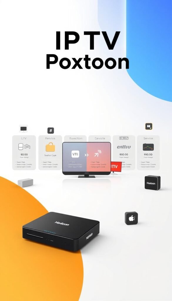 A sleek and modern illustration of the IPTV bundle offers from the Hoxtoon Provider. Set against a clean, minimalistic background, the image showcases a collection of stylized icons and graphics representing the various package options. The foreground features a central arrangement of these elements, with the Hoxtoon Provider brand prominently displayed. The middle ground includes neatly organized pricing information and service details, while the background incorporates subtle geometric patterns and soft lighting to create a professional, tech-savvy atmosphere. The overall composition conveys a sense of clarity, value, and the comprehensive nature of the Hoxtoon IPTV bundle offers.