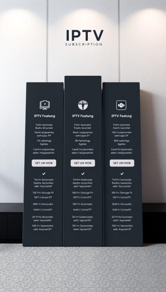 A sleek and modern illustration of the IPTV subscription plans offered by the Hoxtoon Provider. A clean, minimalist layout showcases the various tiers, with elegant icons and clear pricing details. The foreground features the plan names and key features, while the middle ground displays the monthly costs in a visually appealing manner. The background has a subtle pattern or texture that adds depth and a premium feel to the overall design. The lighting is soft and diffused, creating a sophisticated and professional atmosphere. The camera angle provides a slightly elevated perspective, giving the image a sense of authority and trustworthiness.